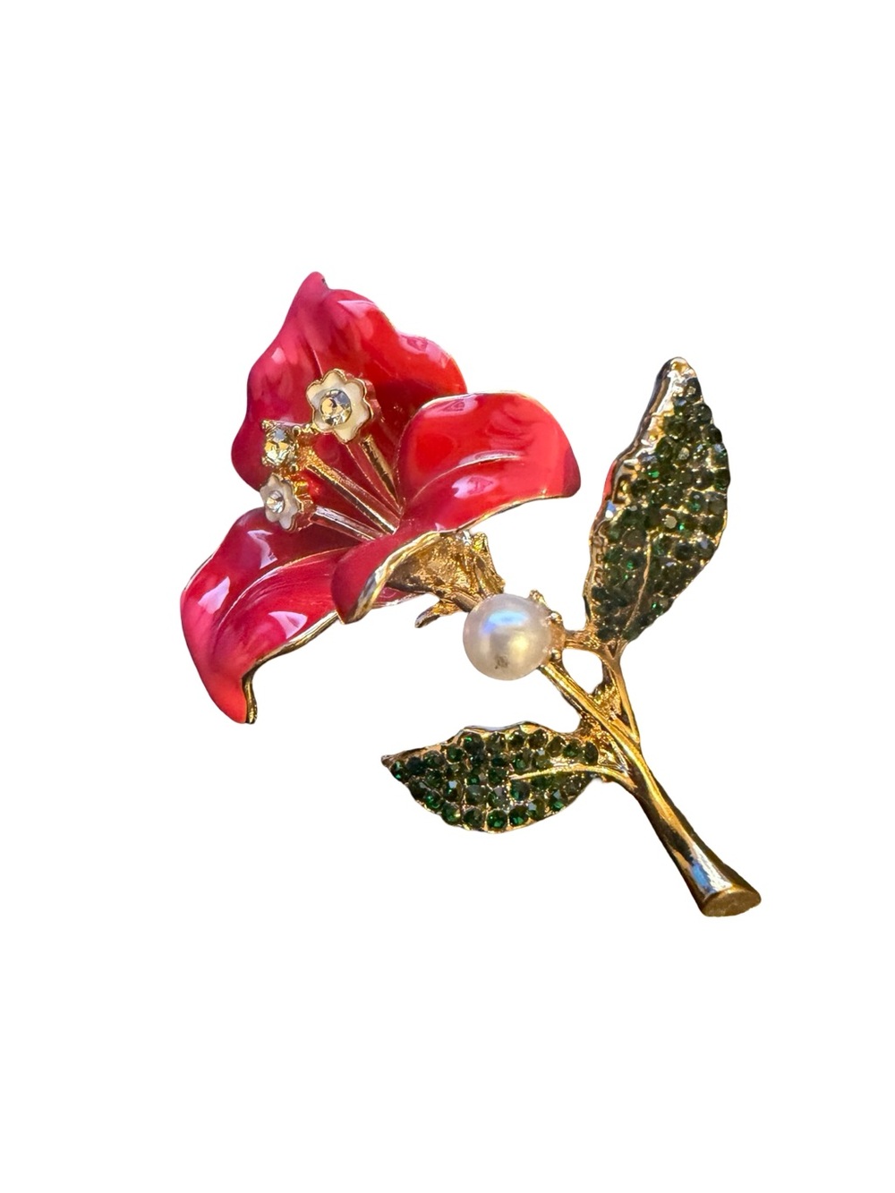 Gold-Tone Pink Enamel Floral Brooch with Crystals and Pearl Accents